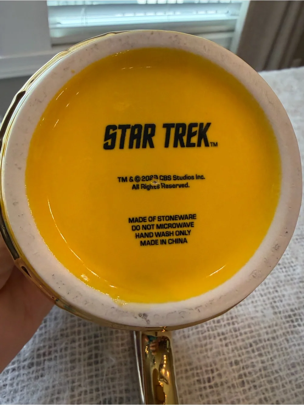 Star Trek star fleet stoneware yellow coffee mug.  22oz.